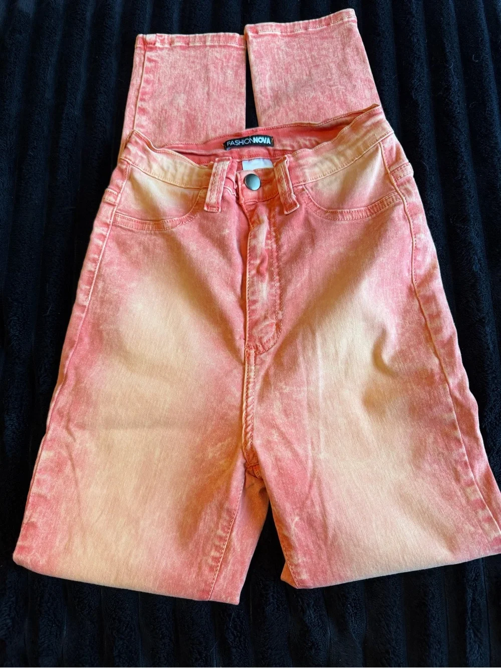 Fashion Nova Coral-Red Acid Wash High-Rise Jeans